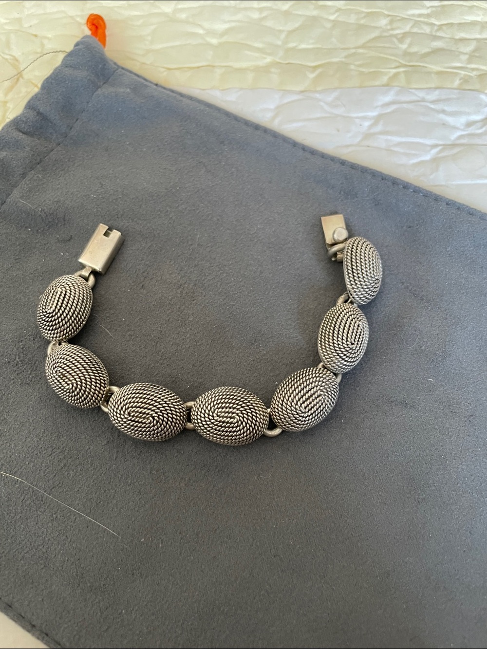 Textured Silver-Tone Oval Bead Bracelet
